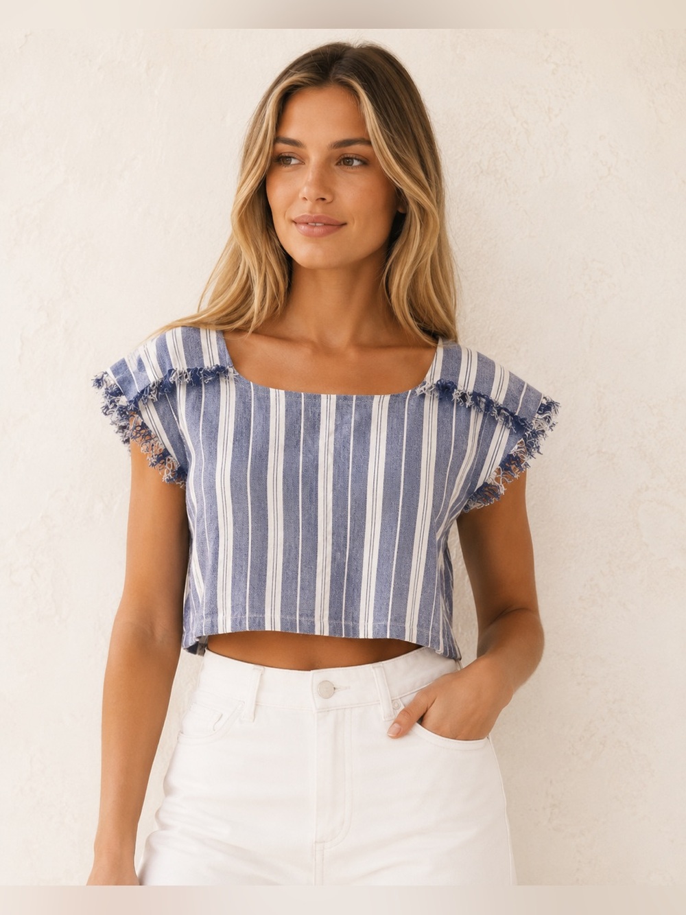 Tularose Revolve blue stripe frayed shirt blouse short sleeve crop coastal top S